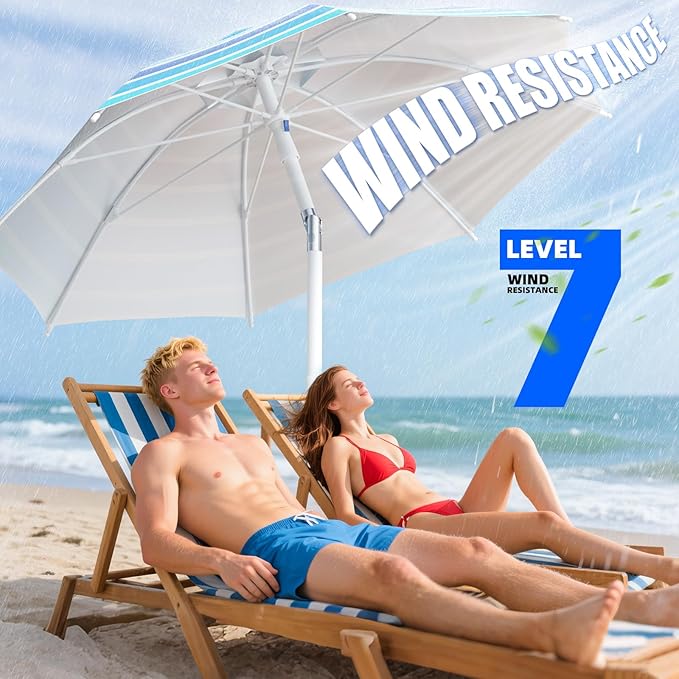 8FT. Large Beach Umbrella with Heavy Duty Sand Anchor & Tilt Sun Shelter, UPF50+ UV Protection, Wind Resistance, Waterproof Canopy, Portable for Beach Outdoor Patio Yard Garden Pool