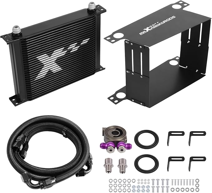 maXpeedingrods 30 Row Oil Cooler Kit, 10AN Transmission Engine Cooler British Radiator Universal Aluminium Black, Banjo Fittings Oil Filter Sandwich Adapter, Air Guide Kit and Oil Cooler Hoses