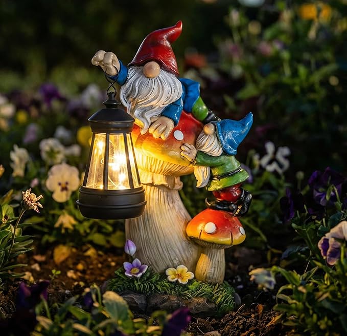 C&Y&G&X Solar Garden Gnome Statue, Waterproof Outdoor Mushroom Decor with Solar Lantern LED Lights, Resin Garden Gnome Yard Art for Lawn Patio Porch, Gifts for Mom Grandma Garden Lovers