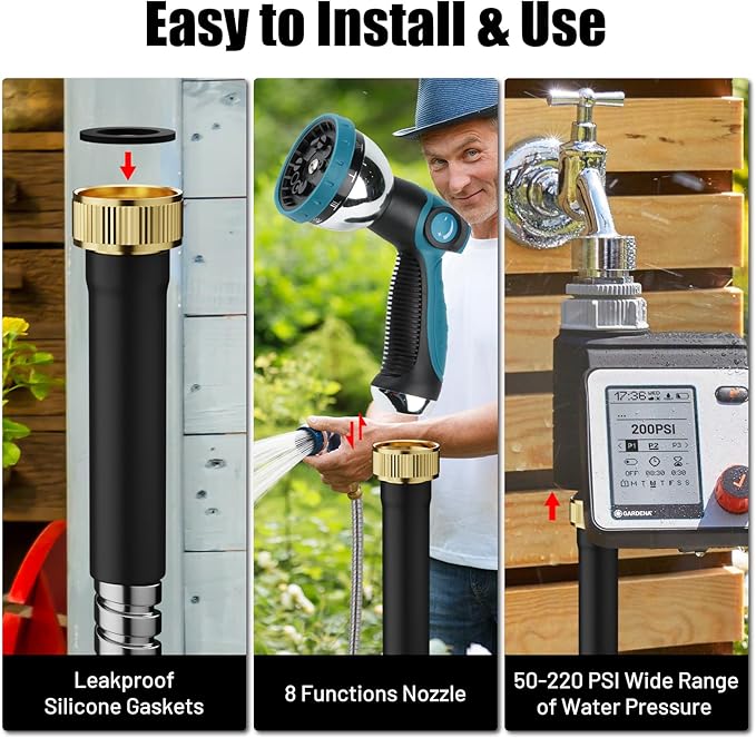 Beitopamz Garden Hose 50 ft, Stainless Steel Metal Water Hose with Nozzle, Flexible and Durable, Rust Proof, No-Kink, Heavy Duty, Leakproof 3/4'' Brass Fittings, Lightweight Hose for Patio, Lawn
