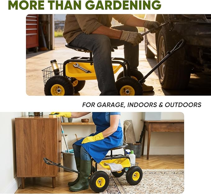 Sekey Garden Cart Rolling Workseat, Heavy Duty Garden Scooter with 360° Swivel Seat & Adjustable Height, Tool Tray & Storage Basket, 440 lbs Capacity, All-Terrain Wheels, for Seniors & Gardeners