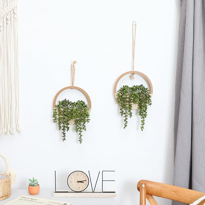 Floweroyal 2pcs Artificial Succulents Hanging Plants 20.1'' Fake String of Pearls in Pot with 9.4'' Lanyard for Indoor Outdoor Wall Decor（Wood Color）