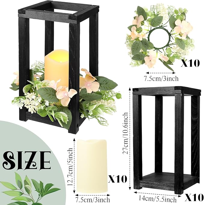 Hushee 30 Pcs Wooden Wedding Lantern Centerpiece Integrated Holders with Candles and Wreaths Rustic Wooden Candle Lantern Decor for Wedding Party Table Valentine Decor (Black)
