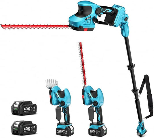 SEESII 4-in-1 Cordless Pole Hedge Trimmer: 20V 9-Ft Telescoping Shrub Trimmer & Grass Shear, 12" & 6'' Dual-Action SK5 Blades, 2 x 4.0Ah Batteries, Shoulder Strap for Tall Hedges & Lawn Edging