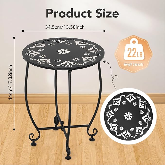 2 Pack Small Outdoor Side Tables for Patio, 14 Inch Metal Patio Side Table, Weather Resistant Steel Outdoor Round End Table for Patio Porch Garden Yard Balcony, Black (Flower)