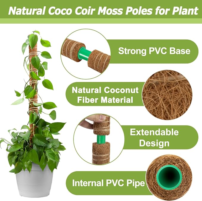 Sukh Moss Totem Pole - Moss Pole for Plants Monstera 2 Pcs 15.7 Inch Coco Coir Pole for Climbing Indoor Potted Plants Training Grow Upwards with Jute String Moss Stick for Plant Support Extension