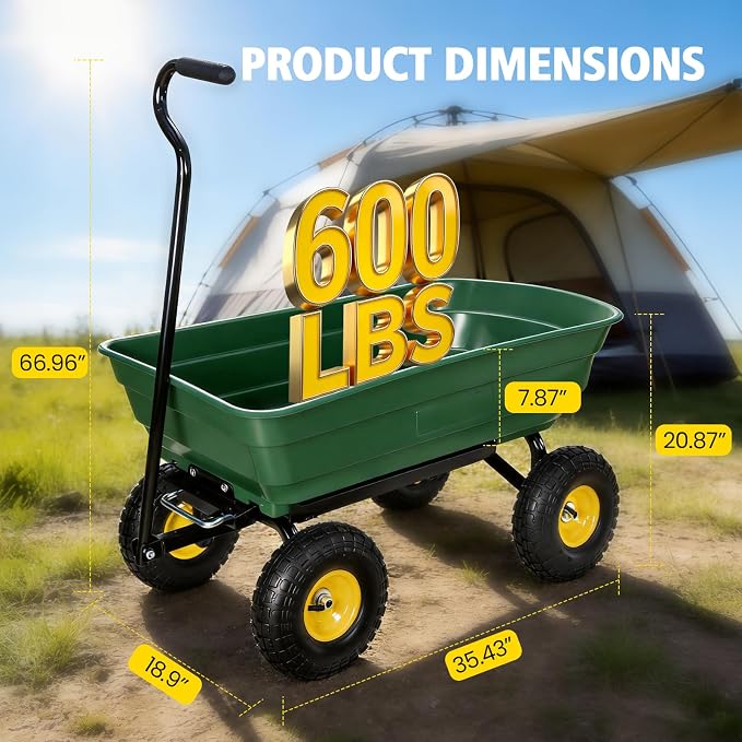 NORTHSKY 600 LBS Heavy Duty Garden Dump Cart,10" All-Terrain Wheels, 180° Rotating Handle, Yard Cart for Landscaping, Farm, and Outdoor Work (Garden Green)