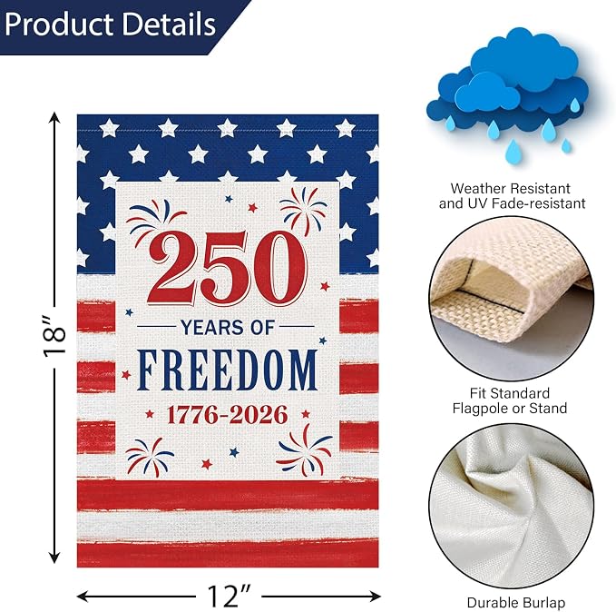 Louise Maelys 250th Anniversary Garden Flag 12x18 Inch, 250 Years American Patriotic USA Yard Banner Sign Double Sided, Commemorative Home 4th of July Outside Outdoor Decor