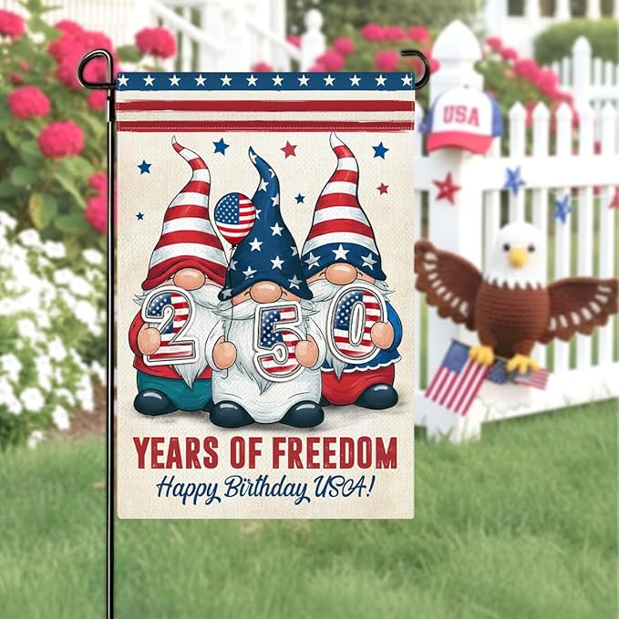 Gnome 250 Years America Patriotic Garden Flag - Independence Memorial Day Decorations, Funny 250 Year American Anniversary Flag, USA Birthday Freedom Yard Sign, 1776-2026 USA 4th of July Garden Flag for Outside
