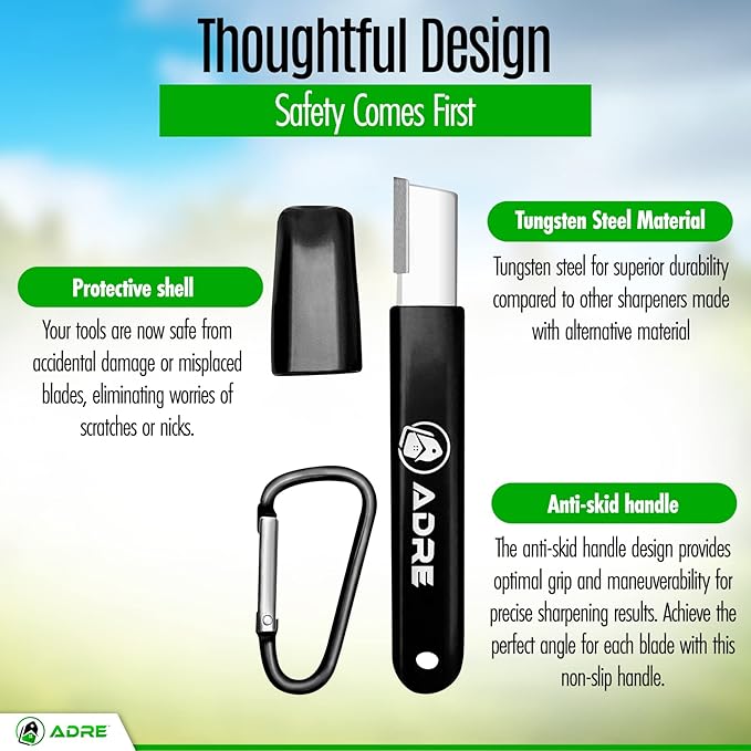 Adre Garden Tool Blade Sharpener – Professional Carbide Knife Sharpener for Gardening Tools, Pruning Shears, Scissors – Tungsten Sharpener with Carabiner Lock – Pocket-Sized Garden Tool Sharpener