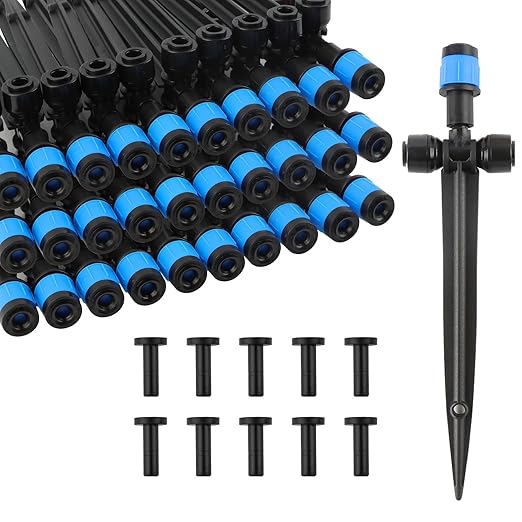 Kalolary Drip Irrigation Emitters, 30pcs Quick Connect Adjustable 360 Degree Water Emitters for for 1/4" Tubing, Durable Irrigation Drippers for Garden, Lawn, and Greenhouse Watering Systems(Blue)