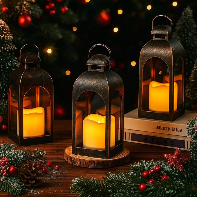 Tujoe 6 Pcs 10 Inch Decorative Candle Lantern Bulk for Wedding Centerpieces Lanterns with LED Flameless Candle Indoor Outdoor Hanging Lights for Wedding Party, Battery Included (Dark Bronze)