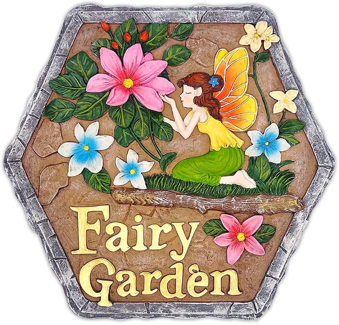 OrnamentallyYou Elegant Resin Stepping Stone, Outdoor Garden Pathway Decoration (Fairy Kisses and Flowers Garden Stepping Stone, 9.5" Outdoor Decoration Statue)