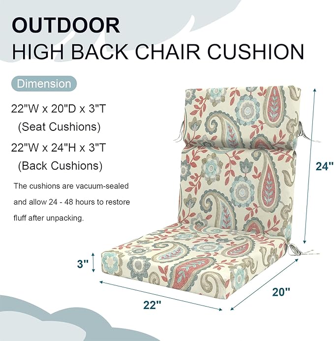 DYTXIII Outdoor High Back Chair Cushions Set of 2, 44"x22" Water Repellent Patio Seat Cushions with Elastic Sponge, All Weather Chair Pads for Rocking, Dining Chairs, Patio Furniture - Paisley Vintage