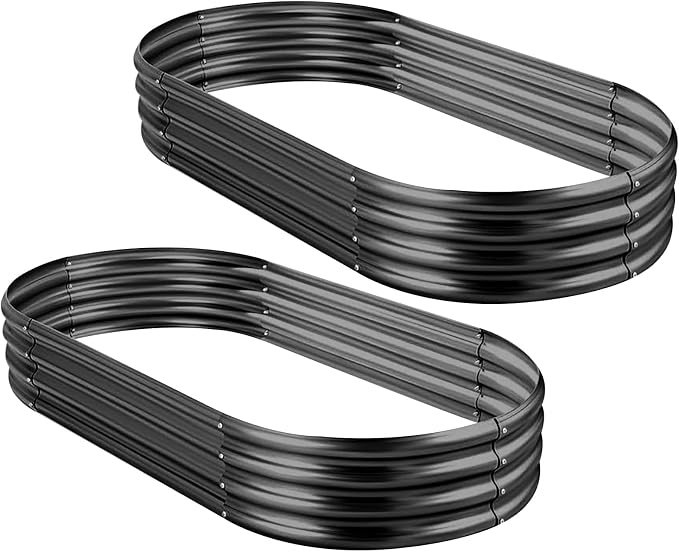Land Guard 2Pcs Galvanized Raised Garden Bed Kit, 10×4×1ft Galvanized Planter Raised Garden Boxes Outdoor, Oval Large Metal Raised Garden Beds for Vegetables (Dark Grey)