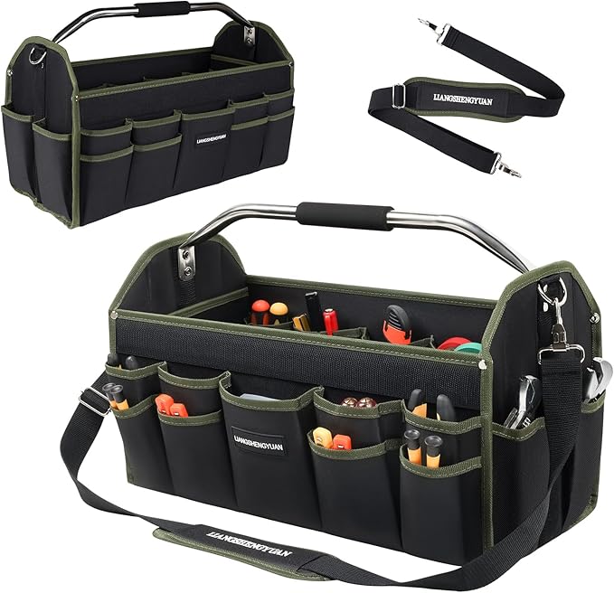 22In Electrician Tool Bag, Foldable Bags For Men Heavy Duty, Open Top Tool Tote, 30 Pockets Can Hold Many fittings, Organizer Stainless Steel Handle and Removable Shoulder Strap