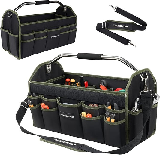 22In Electrician Tool Bag, Foldable Bags For Men Heavy Duty, Open Top Tool Tote, 30 Pockets Can Hold Many fittings, Organizer Stainless Steel Handle and Removable Shoulder Strap