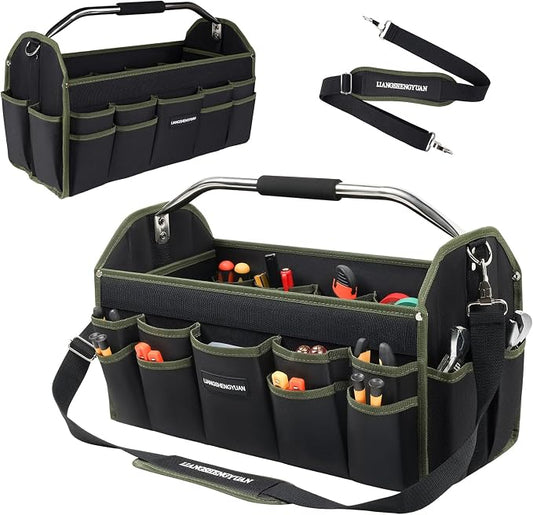 16 In Electrician Tool Bag, Foldable Bags For Men Heavy Duty, Open Top Tool Tote, 30 Pockets Can Hold Many fittings, Organizer Stainless Steel Handle and Removable Shoulder Strap