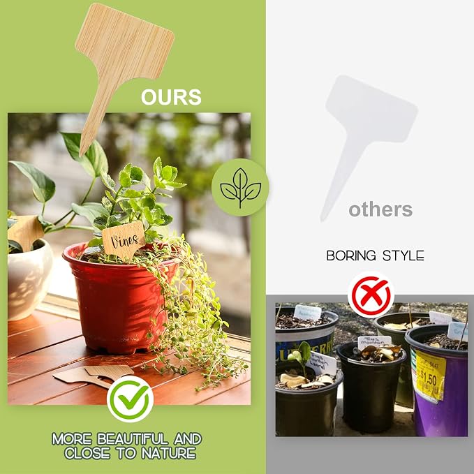 VITEVER 100pcs Plant Labels, T-Type Plastic Tags with Marker Pen, Waterproof Garden Signs for Outdoor Plants (3.9” x 2.4”)
