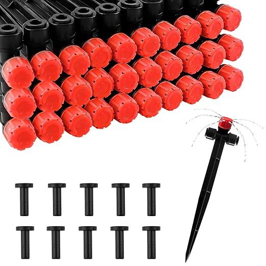 30pcs Drip Irrigation Emitters, Kalolary Adjustable 360 Degree Water Flow Emitters for 1/4" Tubing, Two-Way Connection Irrigation Drippers for Garden, Lawn, and Greenhouse Watering Systems(Red)