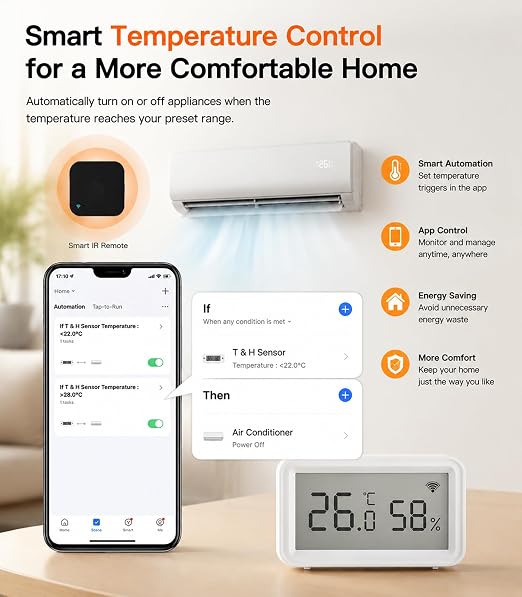 Smart WiFi Temperature Humidity Sensor: Wireless Hygrometer Thermometer with LCD Display, Calibratable, App Alert Notification, Data Logger, Indoor Thermometer for Home Greenhouse Reptile (1-Pack)