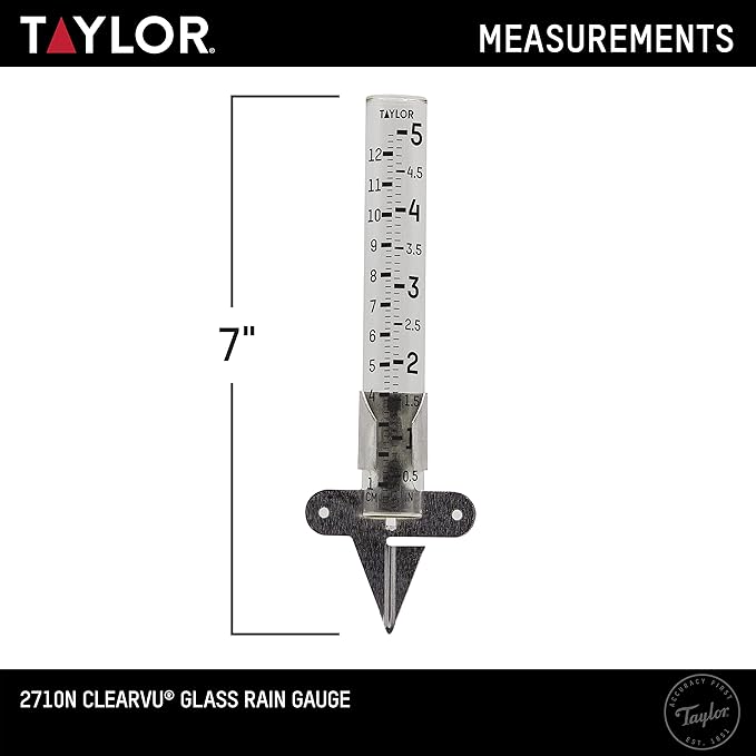 Taylor Rain Gauge Outdoor Glass 5 Inch Capacity - 2 Piece Set with Metal Ground Spike, Easy-Read Measurement Increments, Weather Resistant