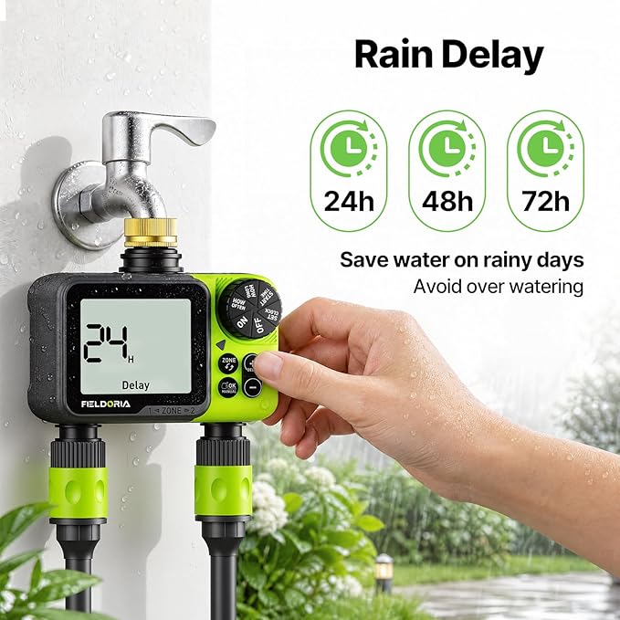 Sprinkler Timer- Water Timer for Garden Hose, Brass Inlet Programmable Watering Timer, Rain Delay Outdoor Soaker Auto& Manual Irrigation Controller System for Yard Lawn Greenhouse, 2 Outlets
