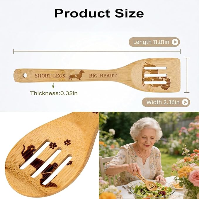 5Pcs Unique Dachshund Print Bamboo Spoon for Cooking - Wooden Spoons with Keychain Dachshund Decor Kitchen Utensils Gifts for Women Mom Couple Wife Hostesses House Warming