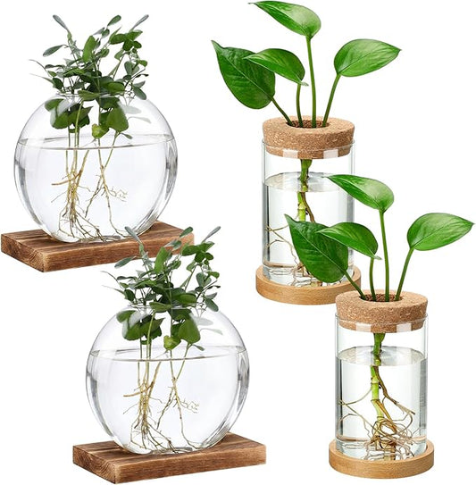 Layhit 4 Pcs Plants Propagation Stations vases Glass Planters with Wooden Lid and Bamboo Stand for Hydroponic Plants Gardening Gifts for Women Mom Home Office Tabletop Decoration(Novelty Style)