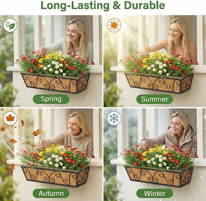 Y&M Railing Planter Boxes 24 Inch 2 Pack, Window Box Planters for Outdoor Plants, Adjustable Hanging Balcony Planters with Coco Liner for Railing, Deck, Porch