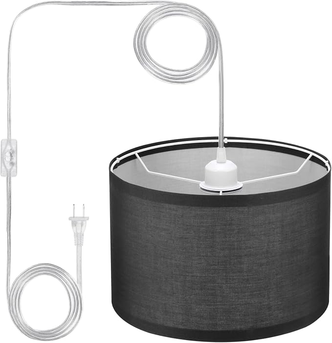PATIKIL Plug in Pendant Light, 15Ft Rope Cord Hanging Lamp Fixture with ON/Off Switch, Fabric Shade E26/E27 Bulb Socket for Bedroom Kitchen Living Room, Black