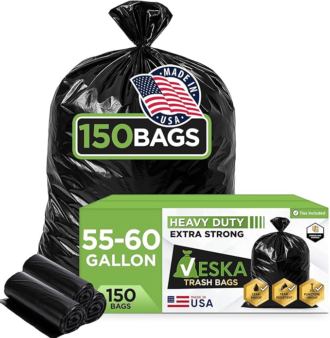 Veska 55-60 Gallon Trash Bags Heavy Duty | MegaValue Pack 150 COUNT | Large Black Garbage Bags Outdoor Trash Can Liners for Lawn, Leaf and Household Cleanup