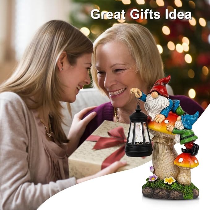 C&Y&G&X Solar Garden Gnome Statue, Waterproof Outdoor Mushroom Decor with Solar Lantern LED Lights, Resin Garden Gnome Yard Art for Lawn Patio Porch, Gifts for Mom Grandma Garden Lovers