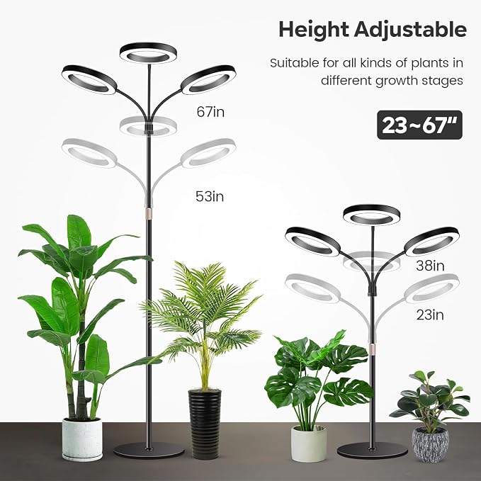 Garpsen Halo Floor Grow Light, Three-Head Full Spectrum LED Plant Light with Base, 5 Dimmable Levels & Timer 6/12/16H, 3 Color Modes Grow Lamp with 252 LEDs, 67''Height Adjustable for Large Plants