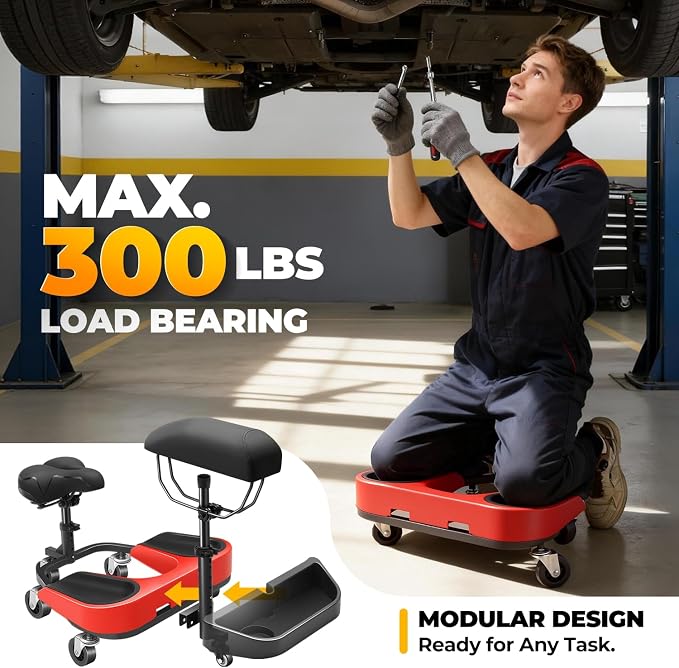 Auto Dynasty Kneeling/Sitting Creeper, 300 LBS Rolling Knee Pads with Seat and Chest Support, Knee Creeper with Swivel Casters and Tool Tray for Tile Parquet Cleaning, Auto Repair, Garden Maintenance