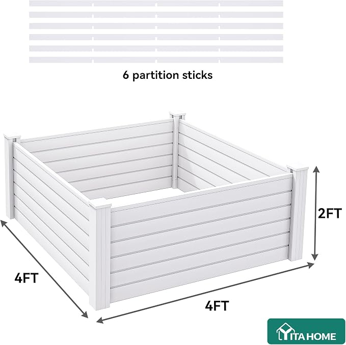 YITAHOME 48x48x24 in Plastic Raised Garden Bed with Growth Grid, Large Outdoor Vinyl Planter Box for Plants, Vegetables, and Flowers, Easy Installation, White