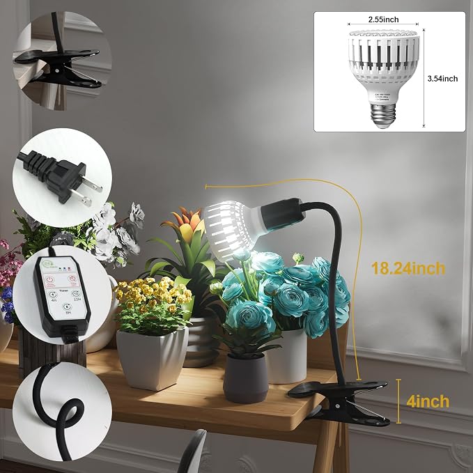 GooingTop Grow Light,24W (160Watts Equiv) 5000K White Full Spectrum LED Growing Lamp Clip on Desk for Indoor Plants,Bulbs Replaceable & Non-dimmable (Black, 80W)