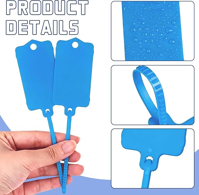 LeonBach 100 PCS Plastic Shipping Tags, 1.46" x 2.48", Waterproof Labels Writable Hanging Tag with Sealing Strap, Shipping Cable Tie Label Tags for Keys Luggage Logistic Retail Inventory(Blue)