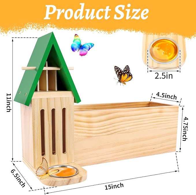 Butterfly House and Feeder with Flower Pot for Outside, 3-in-1 Wooden Butterfly House for Garden, Natural Butterfly Habitat with Butterfly Puddler for Garden Decor