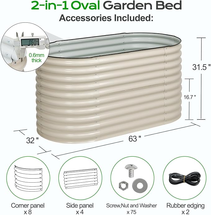 Aoodor 2-in-1 Modular Aluzinc Metal Raised Garden Bed, 63" L x 32" W x 32" H, Outdoor Planter Box for Vegetables, Flowers, and Herbs, Beige