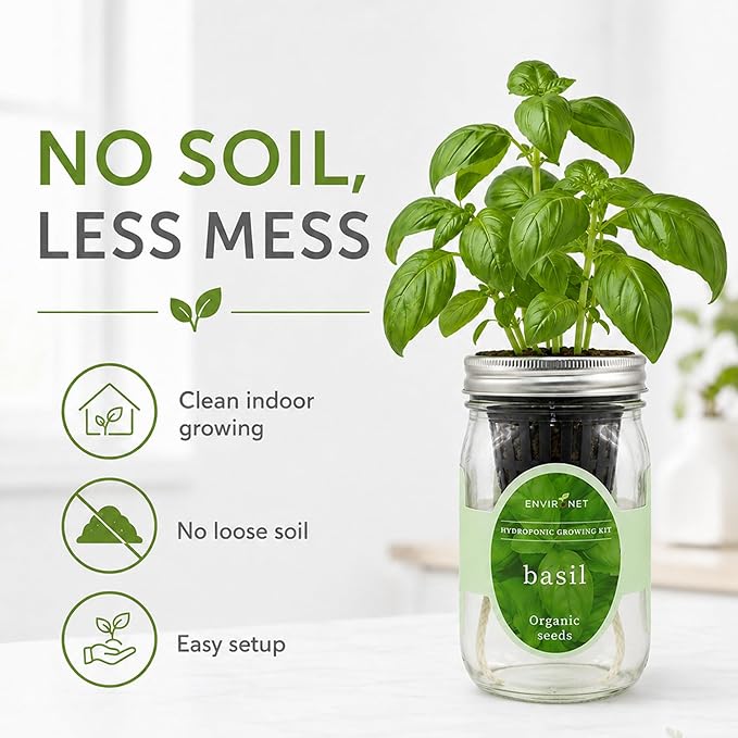 Hydroponic Growing Kit, Self-Watering Mason Jar Herb Garden Starter Kit Indoor, Windowsill Herb Garden, Grow Your Own Herbs from Organic Seeds (Basil)