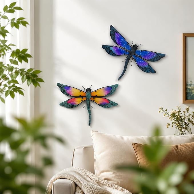 HONGLAND 2 Pcs Metal Dragonfly Decor, Dragonfly Outdoor Wall Decor, Metal Wall Art, Wall Sculptures Gifts Hanging Decorations for Garden Fence Yard Home-Orange&Blue