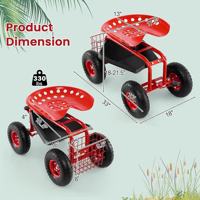 IRONMAX Garden Cart with Seat, Gardening Rolling Stool Scooter with 10’’ All-Terrain Wheels, Convenient Pull Handle & Tool Tray and Basket for Outdoor Planting (Red)