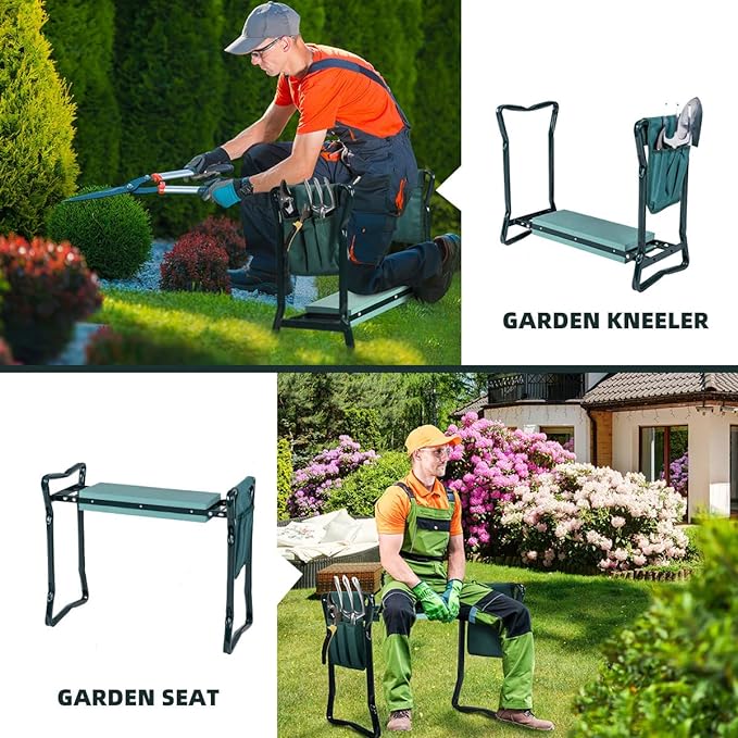 2-in-1 Garden Kneeler & Seat, Folding Seat w/EVA Foam Kneeling Pad & Removable Tools Pouch, Sturdy Steel Frame, No Assembly, Portable Heavy Duty Garden Stool for Women & Men