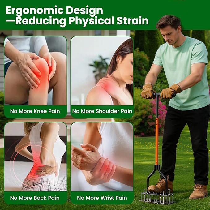 Manual Lawn Aerator Tool, Automatic Dirt and Leaf Clean Design, with 15 Iron Spikes Adjustable Height, Double-Layer Spring, for Loosening Soil Aerating Patio, Yard, Garden, (Black)