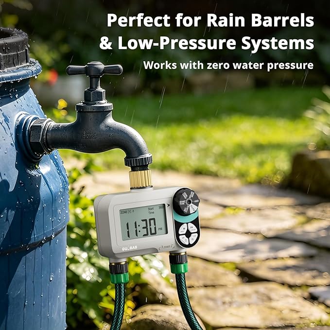QUOBAS Zero Pressure Sprinkler Timer with Child Lock, Programmable Water Timer for Garden Hose Faucet with Brass Ports, Rain Delay/Manual/Auto Irrigation System, 2 Zone Watering for Rain Barrel