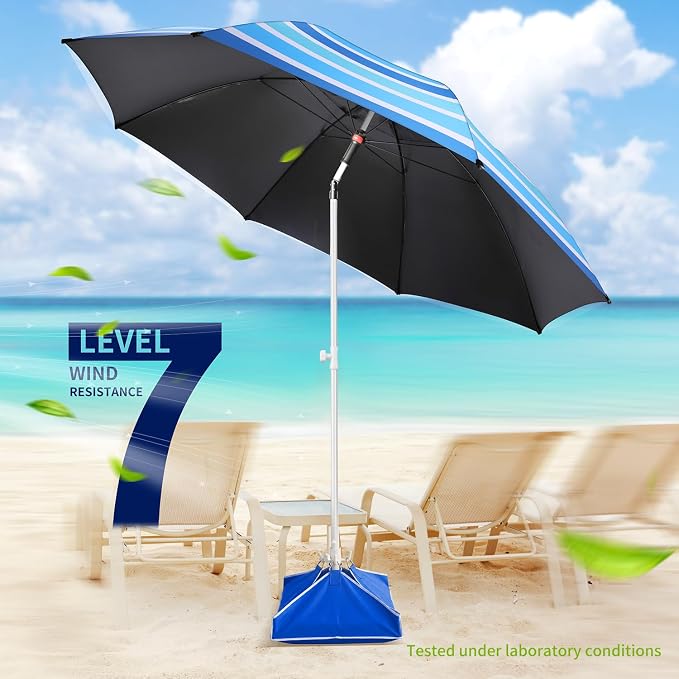 Fisqueen 8FT Large Beach Umbrella with Level 7 Wind Resistance Sand Anchor Sand Bag, Portable Outdoor Umbrella with UPF50+ UV Protection, Tilt Sun Shelter for Beach, Patio, Yard