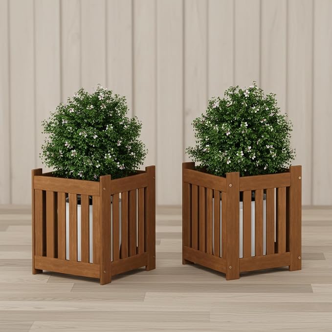 Furinno TIOMAN Planter Box Set of 2, Hardwood Flower Box, Cube Garden Box, in Teak Oil, Outdoor Indoor, Garden, Patio, Balcony, Light Wood