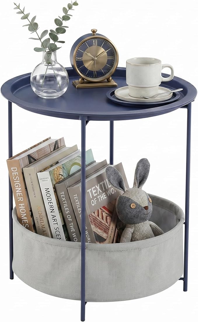 VECELO Round Side/End Table with Fabric Storage Basket，Metal Anti-Rust and Waterproof Small Bedside Nightstand with Removable Tray Top for Living Room，Balcony & Laundry，Blue /1pcs with Basket