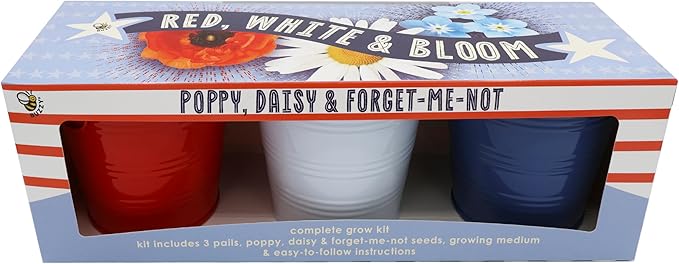 Buzzy Seeds Americana Grow Kit 3-Pack - Metal Windowsill Planter - Complete Indoor/Outdoor Gardening Kit with Seeds, Coconut Husk Growing Medium & Genuine Pots - 100% Grow Guarantee